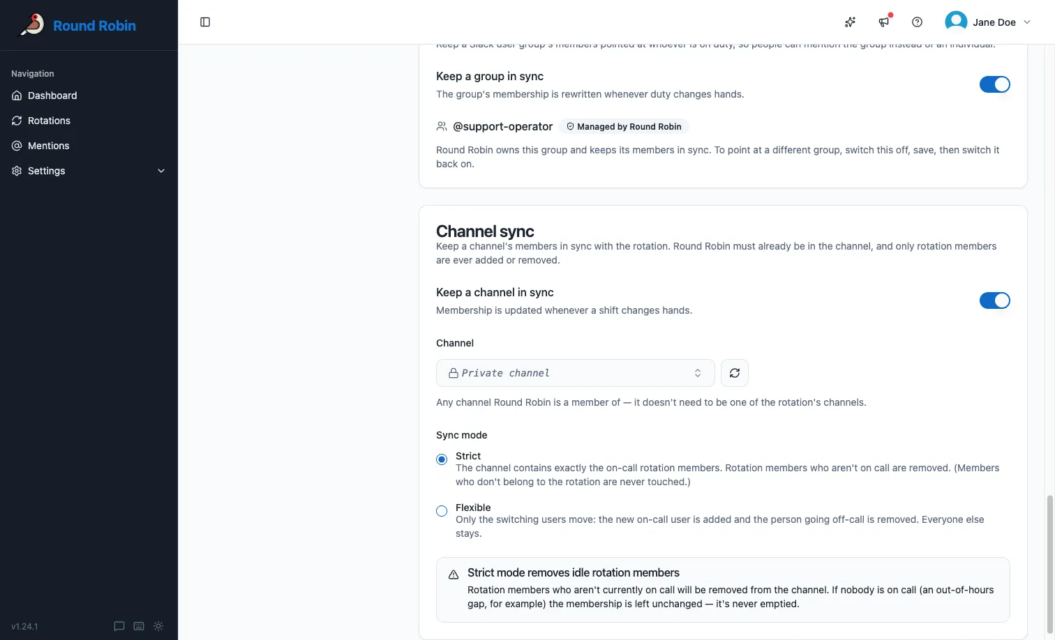 The Channel sync card on a rotation’s Messages \& Slack settings, with the sync switched on, a private channel picked, and Strict and Flexible offered as modes