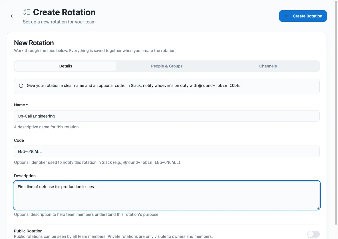 The Create Rotation page in the dashboard, with the Details tab filled in