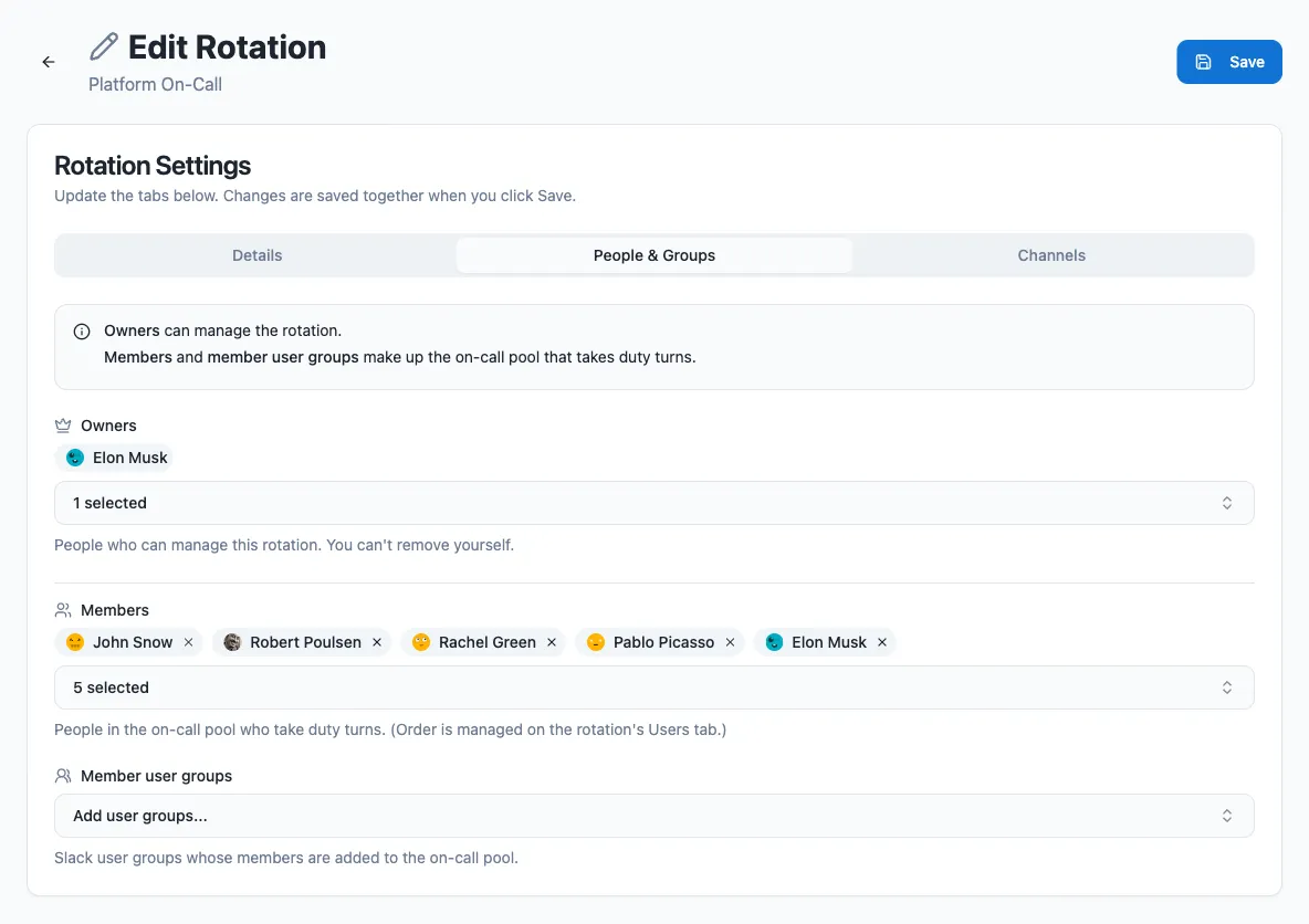 The edit rotation People \& Groups tab, showing members, owners, groups, and duty size