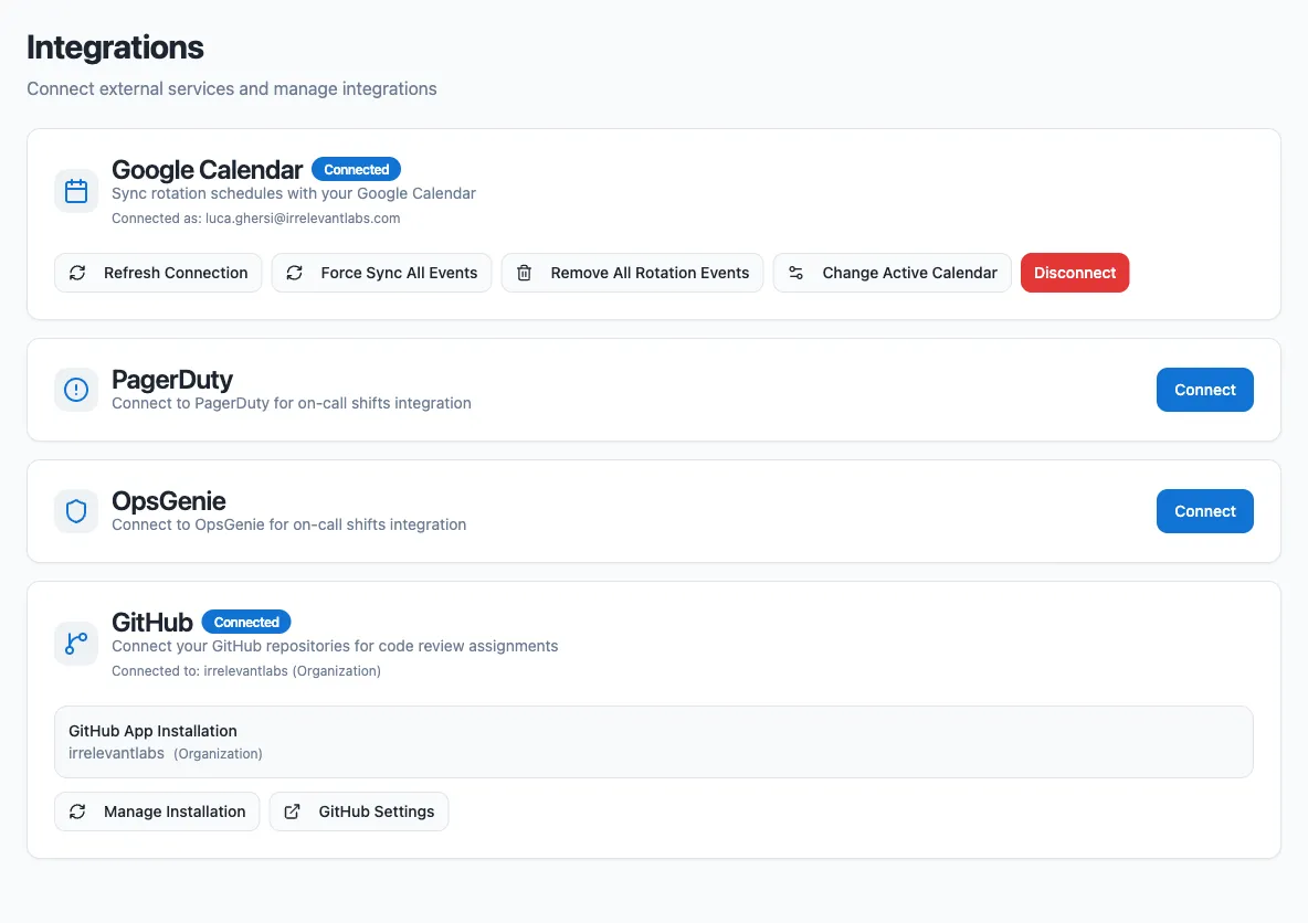 The Integrations page in the dashboard, with the Google Calendar card showing a Connected badge, the connected Google account, and the Refresh Connection, Force Sync All Events, Remove All Rotation Events, Change Active Calendar, and Disconnect actions