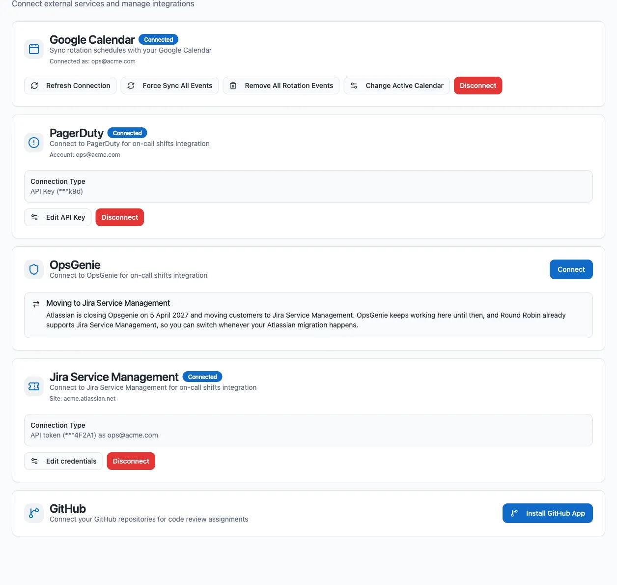 Settings, Integrations page in the Round Robin dashboard, showing cards for Google Calendar, PagerDuty, OpsGenie, Jira Service Management and GitHub