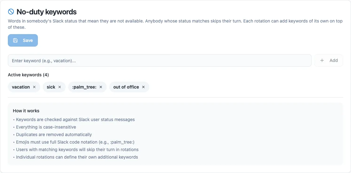The No-duty keywords card on the dashboard Team settings page, with four keywords listed and the field to add one