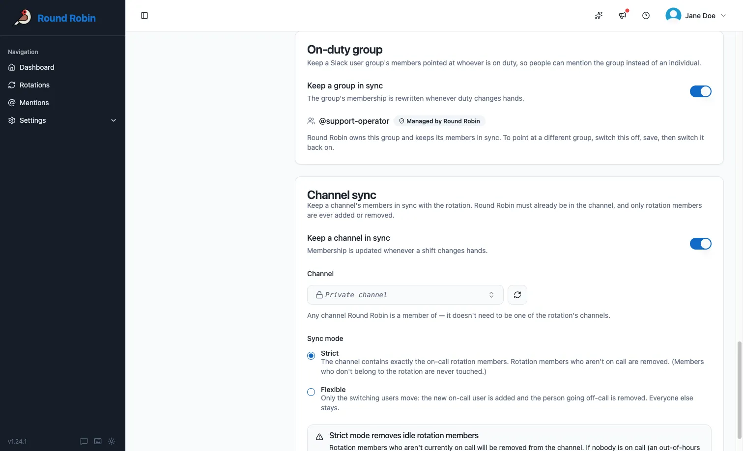 The On-duty group card on a rotation’s Messages \& Slack settings, showing a connected group managed by Round Robin