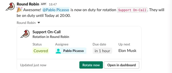 A duty-change message in a channel with a rotation card underneath