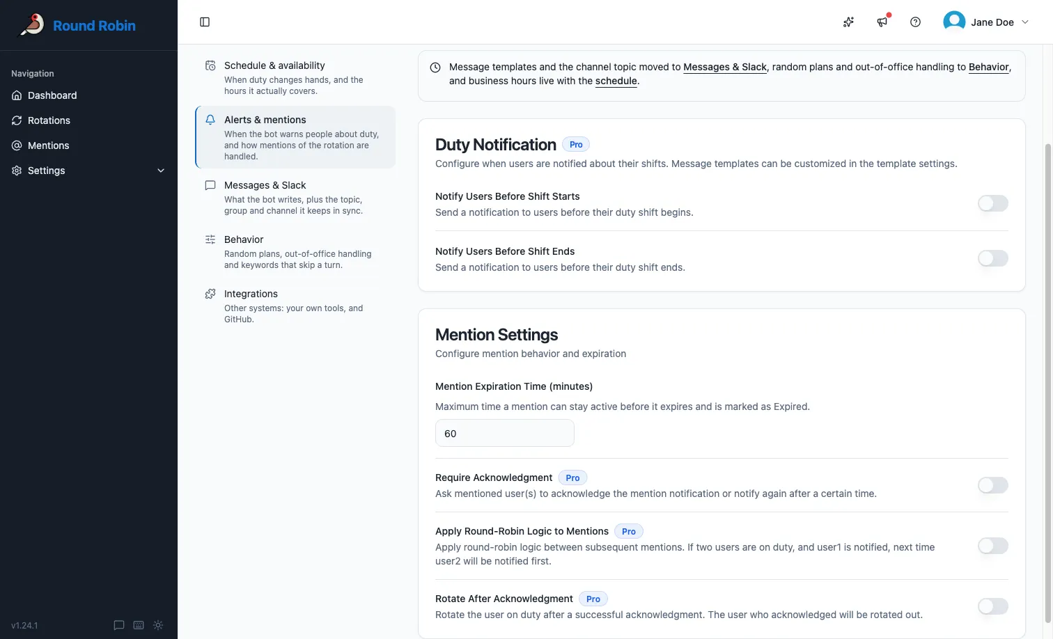 The Mention Settings section of a rotation’s Alerts \& mentions settings, showing expiration time, Require Acknowledgment, Apply Round-Robin Logic, and Rotate After Acknowledgment