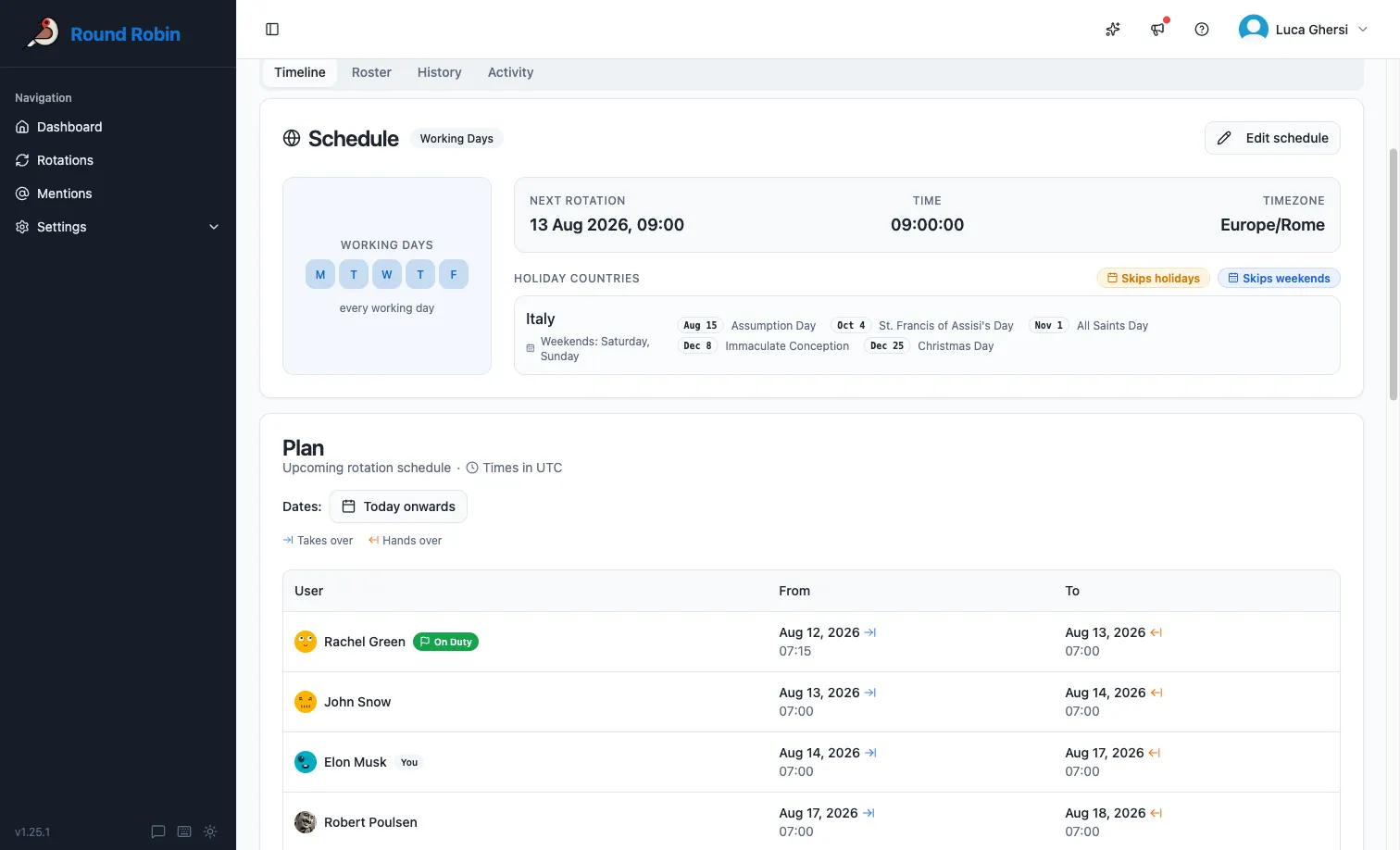 The Schedule tab of a rotation, with the Schedule card showing a working-days cadence, its next rotation time and an Edit schedule button