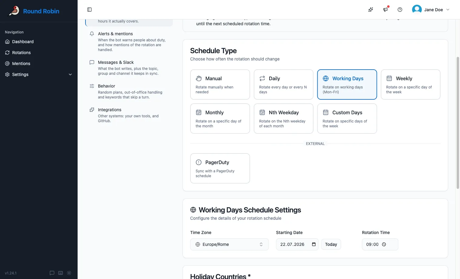 The Schedule \& availability settings section, with every schedule type offered as a card and the settings for the selected one below
