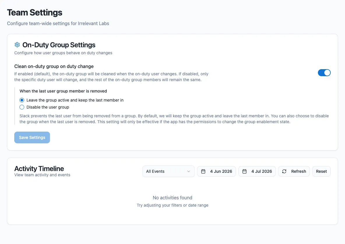 The On-Duty Group Settings card on the dashboard Team settings page, with the clean-on-duty-change toggle and last-member options