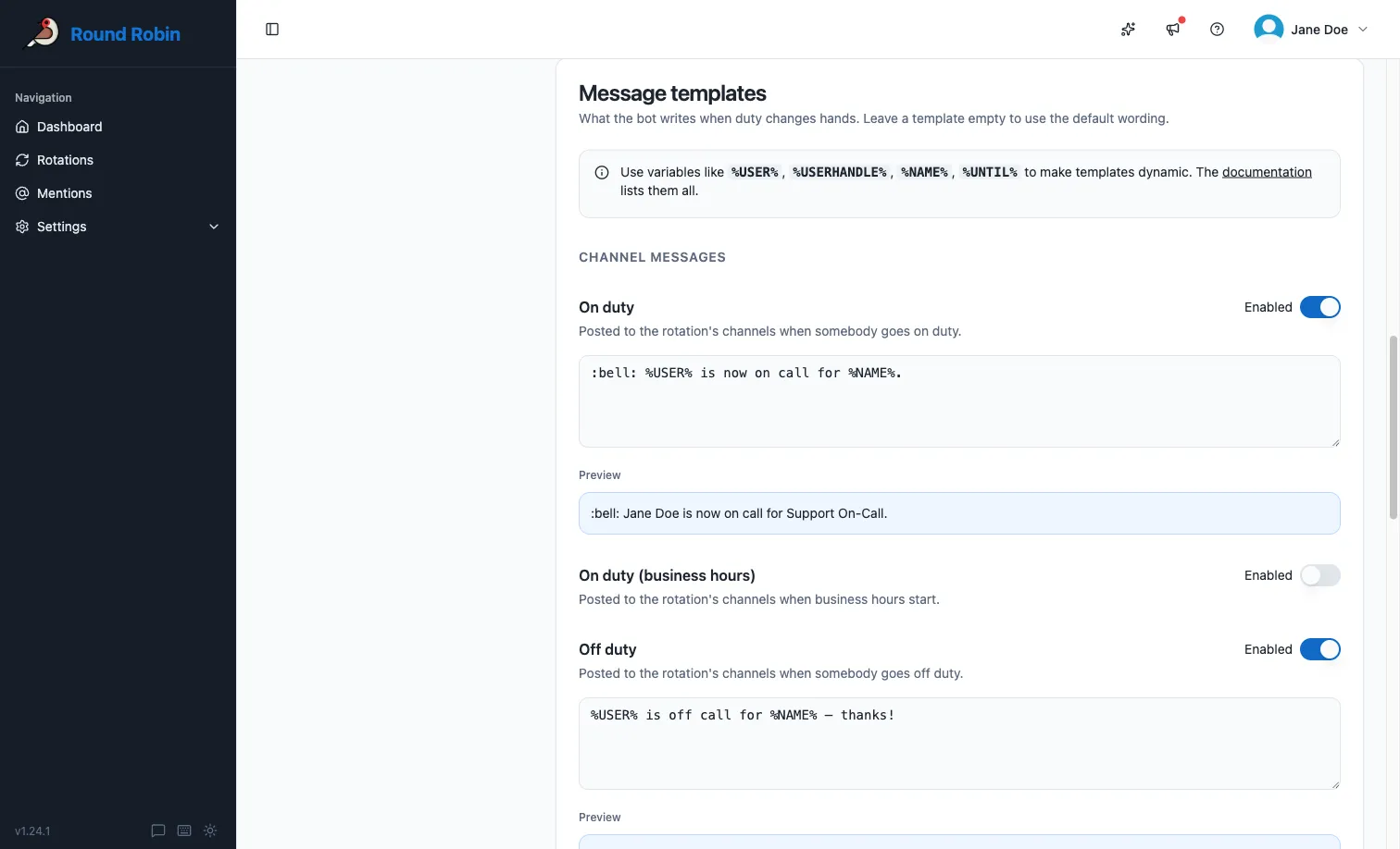 The Message templates card on a rotation’s Messages \& Slack settings, listing Channel Messages and Direct Messages, each with an Enabled switch, a template box and a live preview