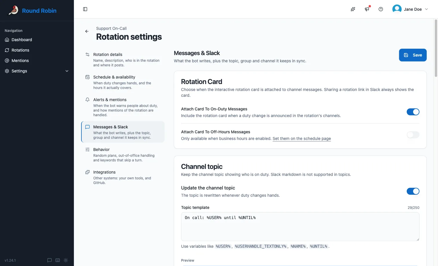 The Channel topic card on a rotation’s Messages \& Slack settings, with the topic switch turned on