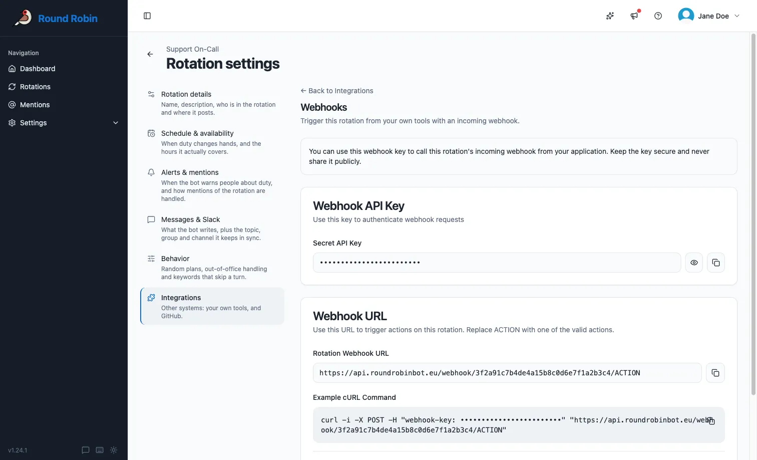 The Webhooks page under a rotation’s Integrations settings, showing the hidden secret API key with reveal and copy buttons, the rotation webhook URL, and an example cURL command